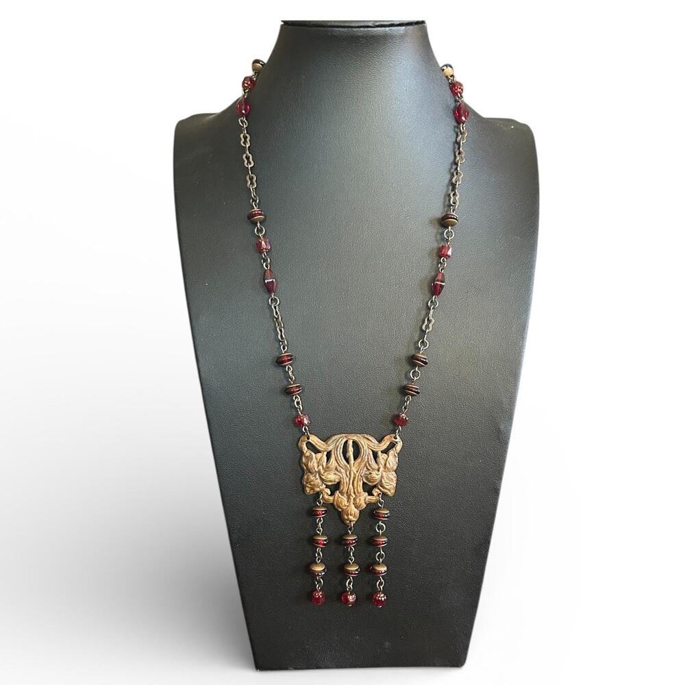 Art Nouveau Garnet Glass Fringe Necklace
